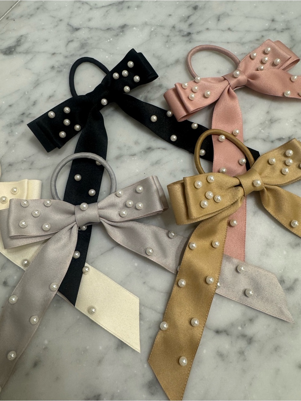 Pearl-Embellished Bow Hair Ties - Set of 5